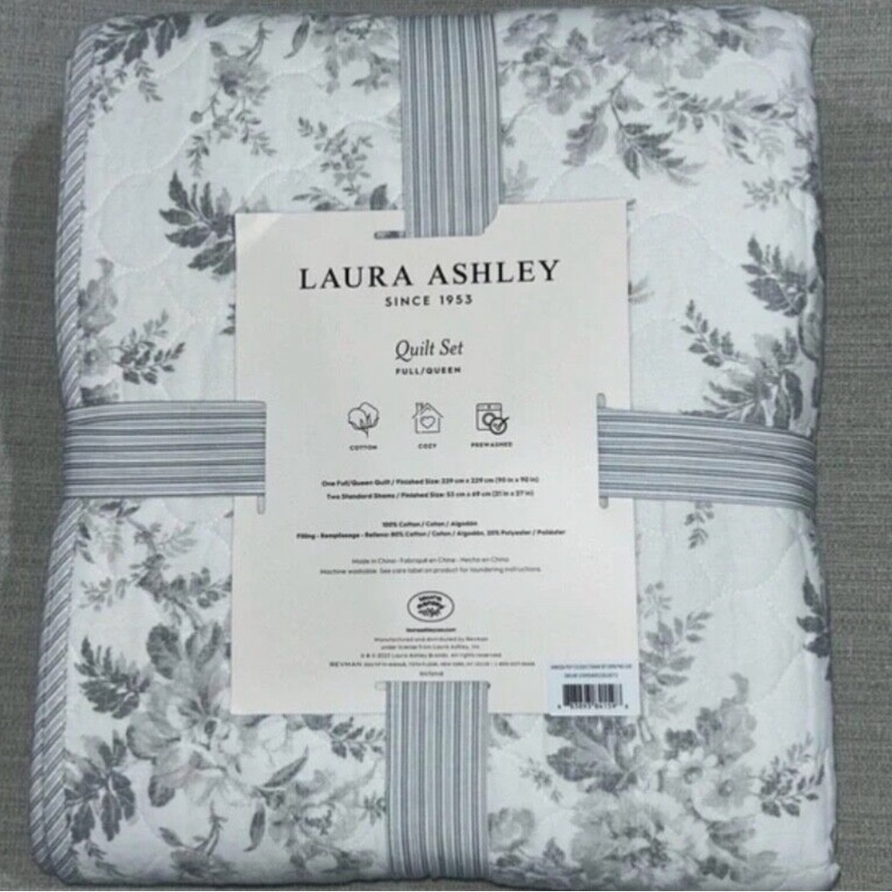 Laura Ashley Full/Queen Quilt Set Cotton Gray/ White Flowers & Stripes New